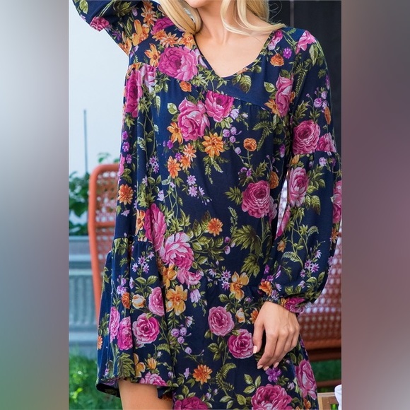 LARGE NAVY BLUE FLORAL LONG SLEEVE DRESS - Picture 5 of 5